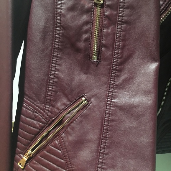 Burgundy Faux Leather Moto Jacket - Picture 3 of 4